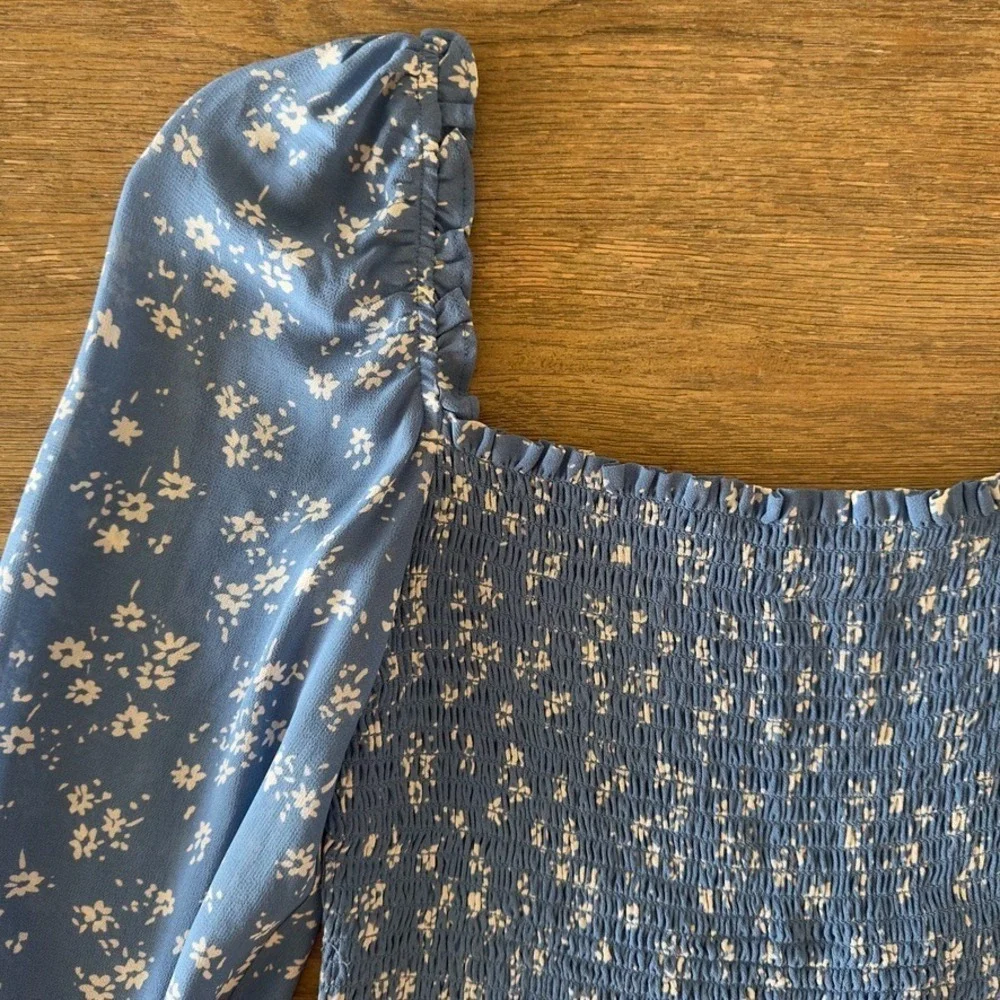 Reformation Pinto Top-Lassen Blue Floral-Smocked Georgette Long Sleeve Blouse-M